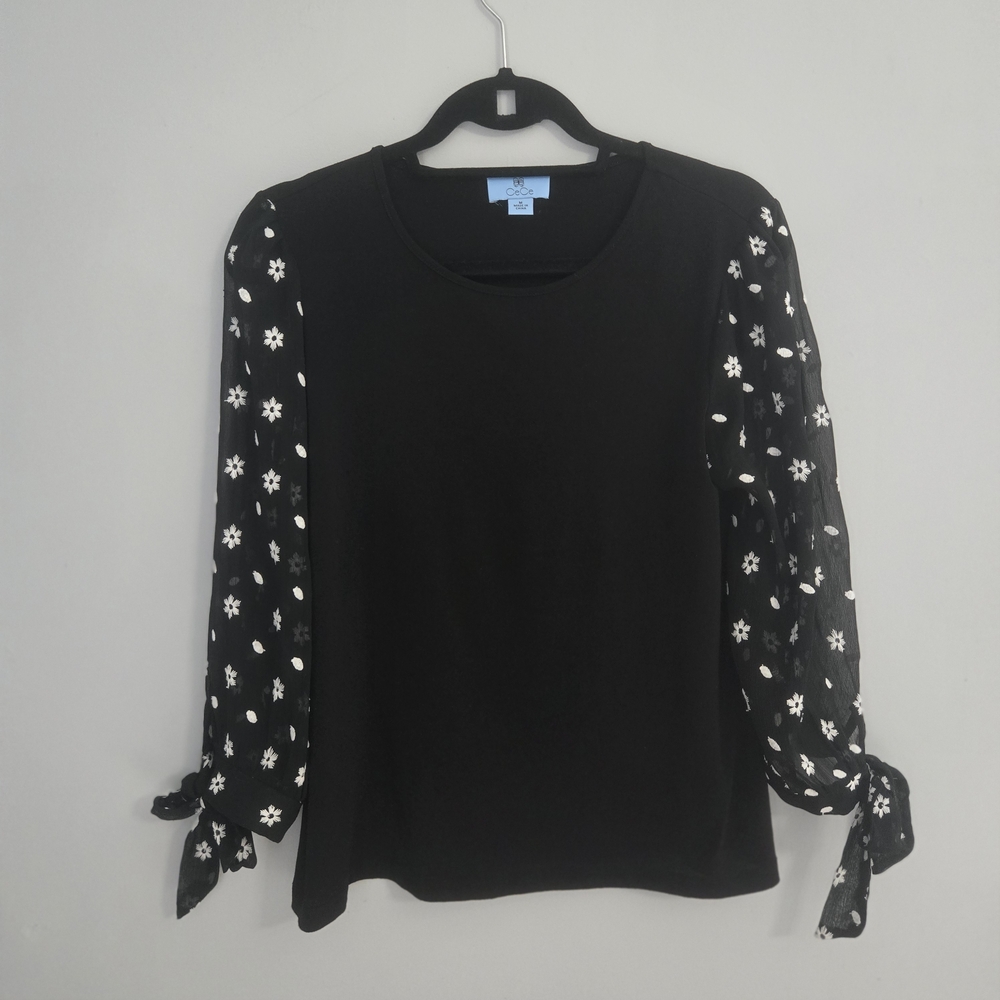 CeCe Black Blouse with Sheer Floral Sleeves